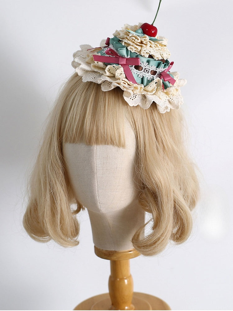 Cherry Hat Lace Sweet Mini Lolita Details Bowknot GreenPink Decorated Trim