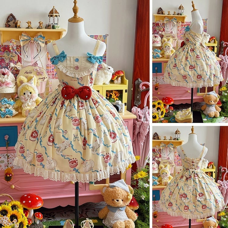 Lolita Print Kleid Gelb Showa Cherry Fashion Creme Sweet Cake Kitty und