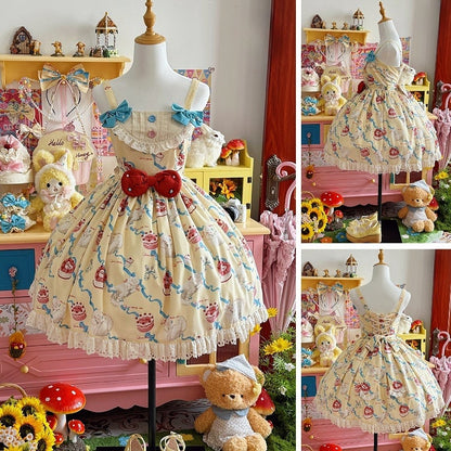 Lolita Print Kleid Gelb Showa Cherry Fashion Creme Sweet Cake Kitty und