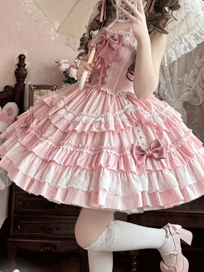 Pink Sweet Lolita JSK dress worn with a layered ruffle skirt
