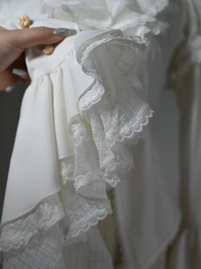 White Ruffled High Neck Long Sleeve Shirt