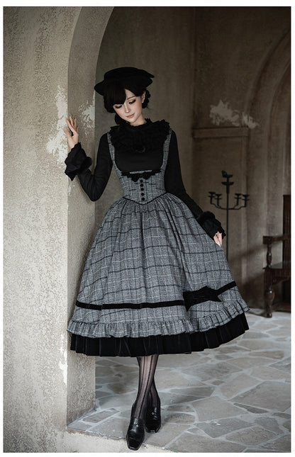 and Detachable Under + Lolita Set Bow Dress Bust Black Hat Plaid Elegant Gray