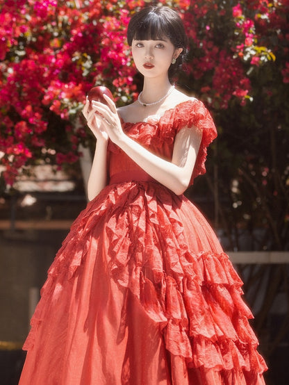 Wine Red/Pink Vintage Lace Ruffle Trim Off-the-shoulder Neckline  Dress