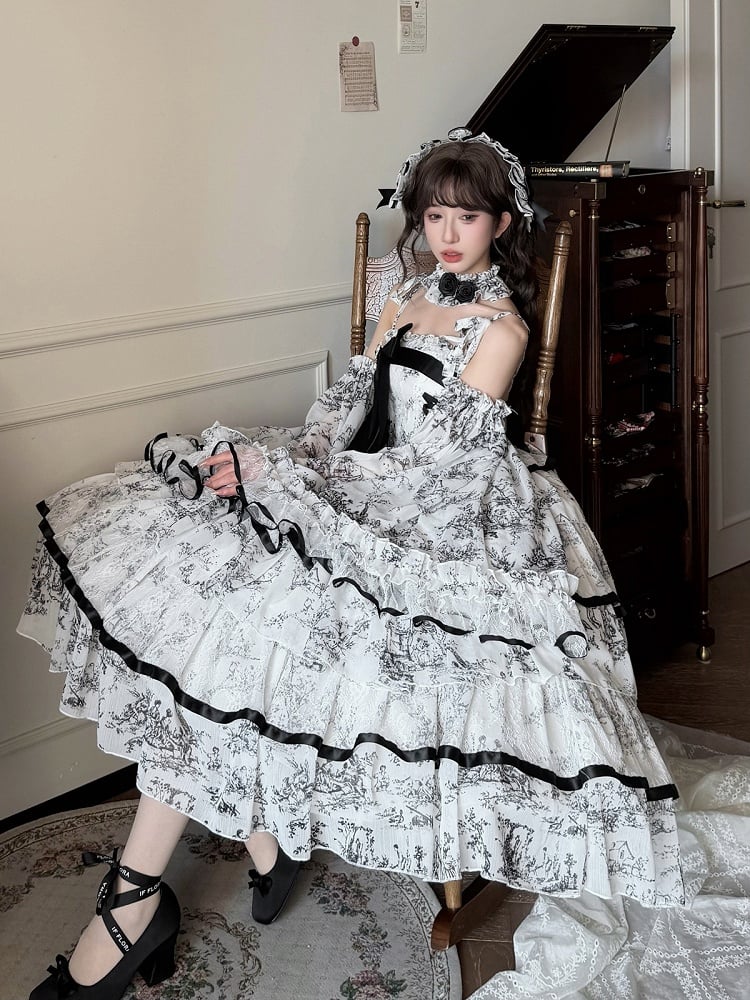 Elegant Hanayome-Style Black & White Porcelain-Inspired 120CM-Length Lolita Princess Dress - Sleepless Star
