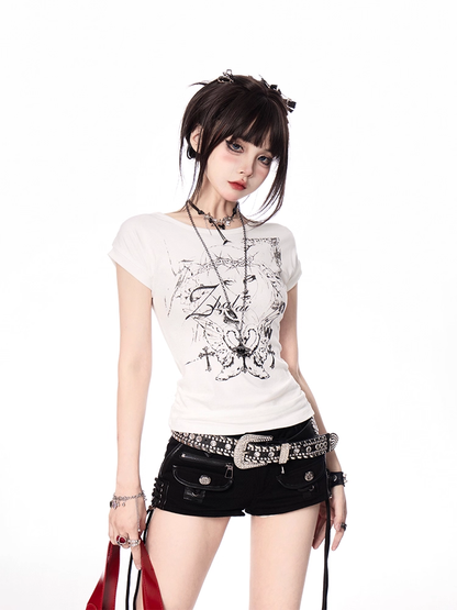 Slim-fitting Y2K Print Lace-up Back White/Black T-shirt