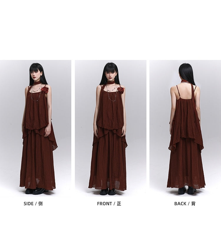 スカーフ装飾ワインレッドフローラル/キャミソールトップ