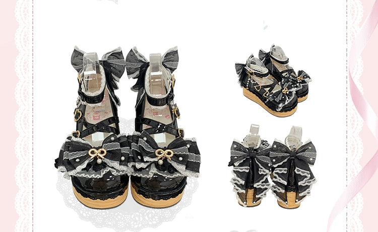 Black Hanayome Lolita Removable Bead Chain and Bow Accents Sweet Platform Shoes