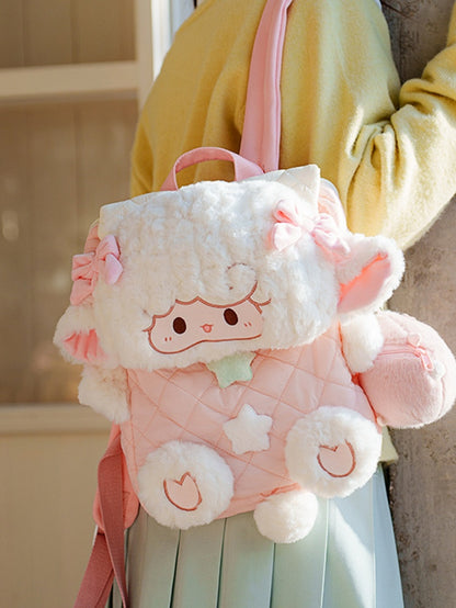 Star Diamond WhitePink Bowknot And Pattern Backpack Plush Flap Decorated Lamb