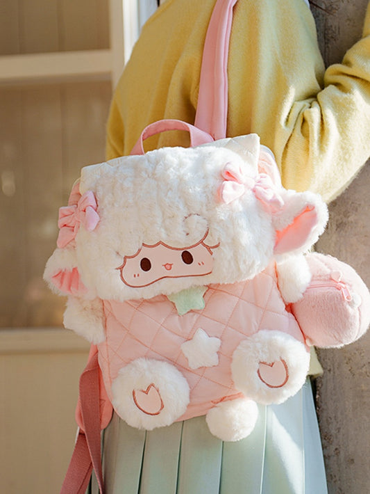 Star Diamond WhitePink Bowknot And Pattern Backpack Plush Flap Decorated Lamb