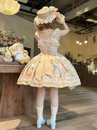 Yellow & Blue Polka Dot Fruit Print Lolita JSK Dress with Lace Details - Badoni B DOLLY Original Design