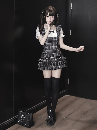 Black Plaid Square Neck Puff Sleeve Low-Waist Dress and Shorts Set - Ekomi
