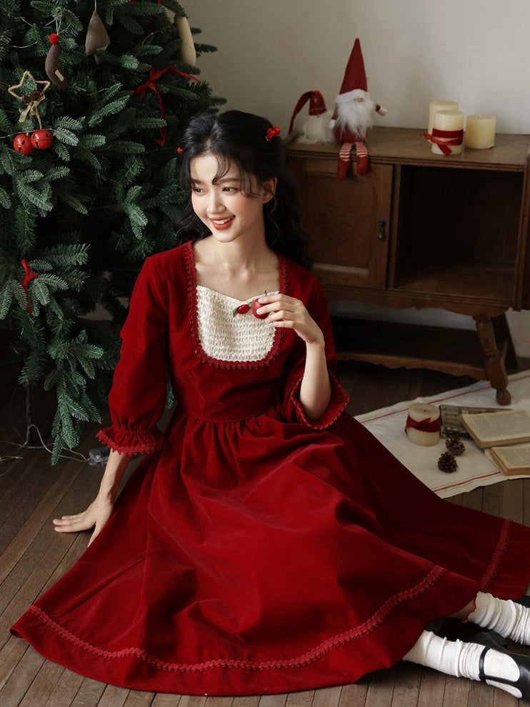 Weinrotes Vintage Rose Kleid mit quadratischem Ausschnitt