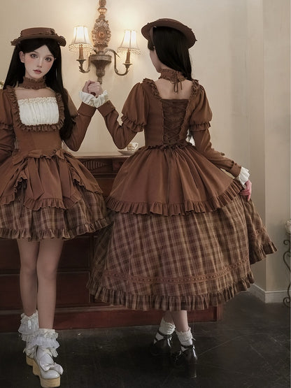Neckline Lollita Plaid Square Long Dress Elegant Coffee Version Classic