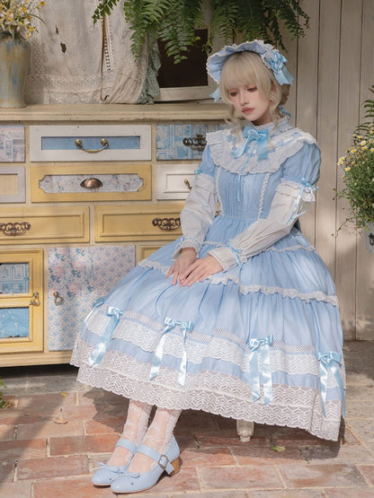 Dress Cotton Old Sleeves Edward Blue Neck Short Lolita OP Set School