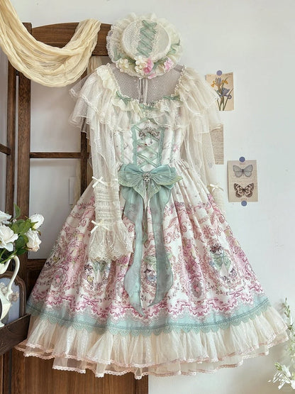 Floral Square Dress Lolita Elegant Moth Green and with Details Neckline Lace Pink Print