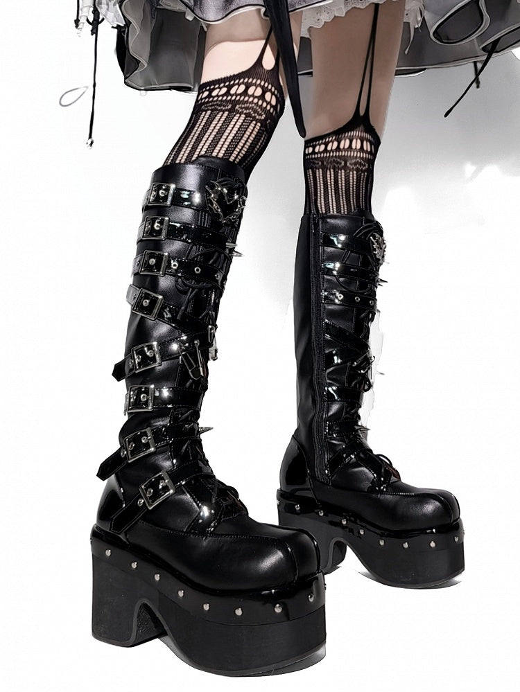 Buckle Platform Boots - Knee-High Punk High-heel PU