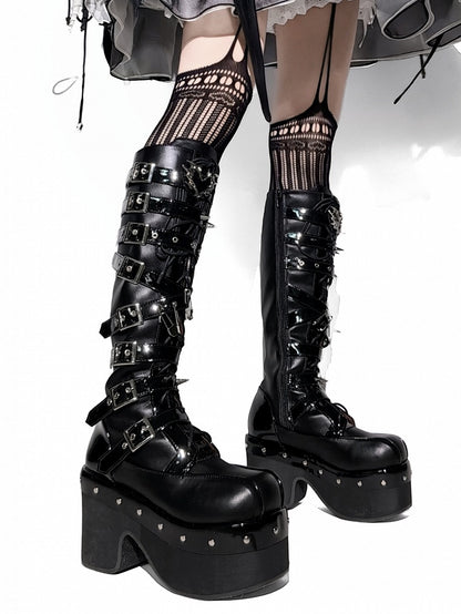 Buckle Platform Boots - Knee-High Punk High-heel PU