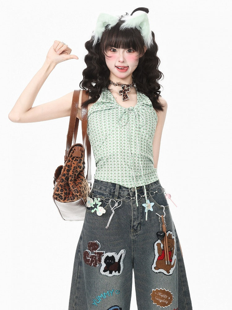 Green Gingham & Polka Dot Halter Top for Spicy Girl Style - Languid Park
