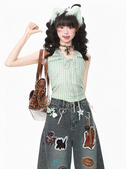 Green Gingham & Polka Dot Halter Top for Spicy Girl Style - Languid Park