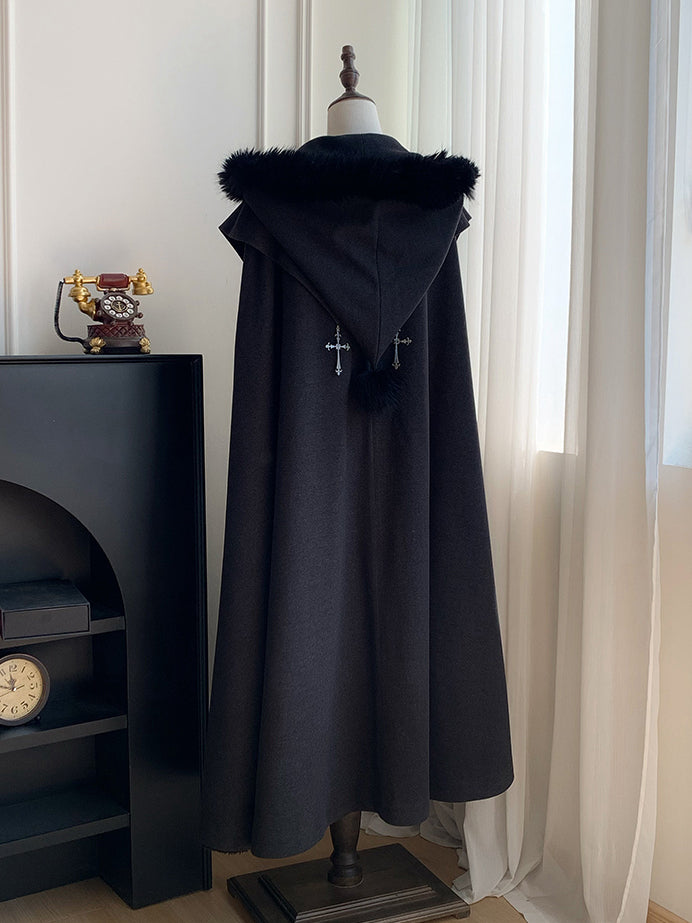 Witch Trim Cross with Fur Autumn for and Faux Winter Lolita Gothic Charms Black Cloak
