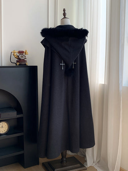 Witch Trim Cross with Fur Autumn for and Faux Winter Lolita Gothic Charms Black Cloak