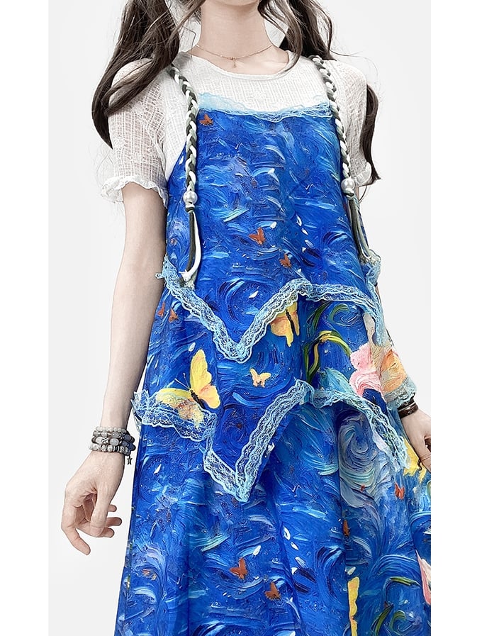 Faux Print Ölblaue Spitze Zweiteiliges Y2K Malkleid