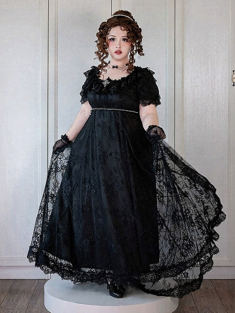 Black Square Neck Plus-Size OP Dress with Lace Accents - He Zi Has a Cat