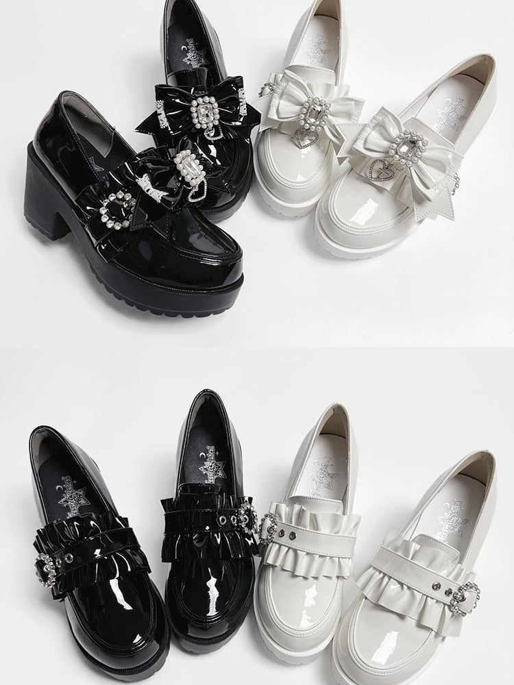 Jirai PU Kei White Bow Bead High Leather Rhinestone Polished Heels with 7.5cm