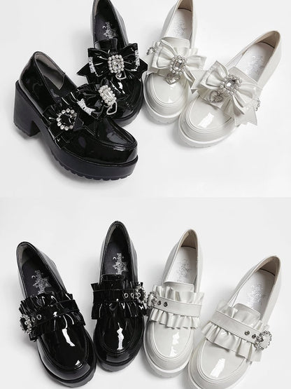 Jirai PU Kei White Bow Bead High Leather Rhinestone Polished Heels with 7.5cm