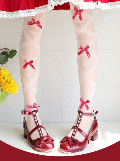 Red/Black Bows Crisscorss Banded Lolita Over Knee Stockings