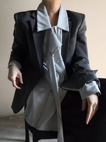 Retro Light Ouji Long with Shirt Cuff Lolita Pointed Ribbon Draping Button Blue Collar