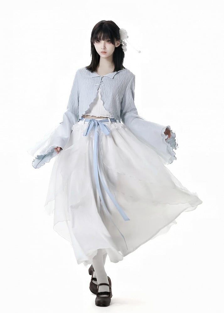 フリートップノットチャイナドレススタイルクロップドキャミソールボタンベ​​ルスリーブブルーカーディガン