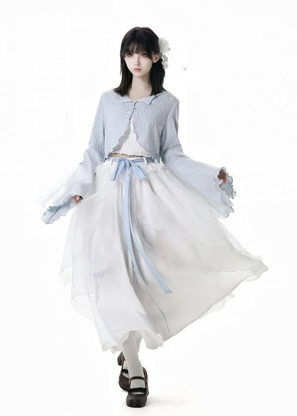 フリートップノットチャイナドレススタイルクロップドキャミソールボタンベ​​ルスリーブブルーカーディガン