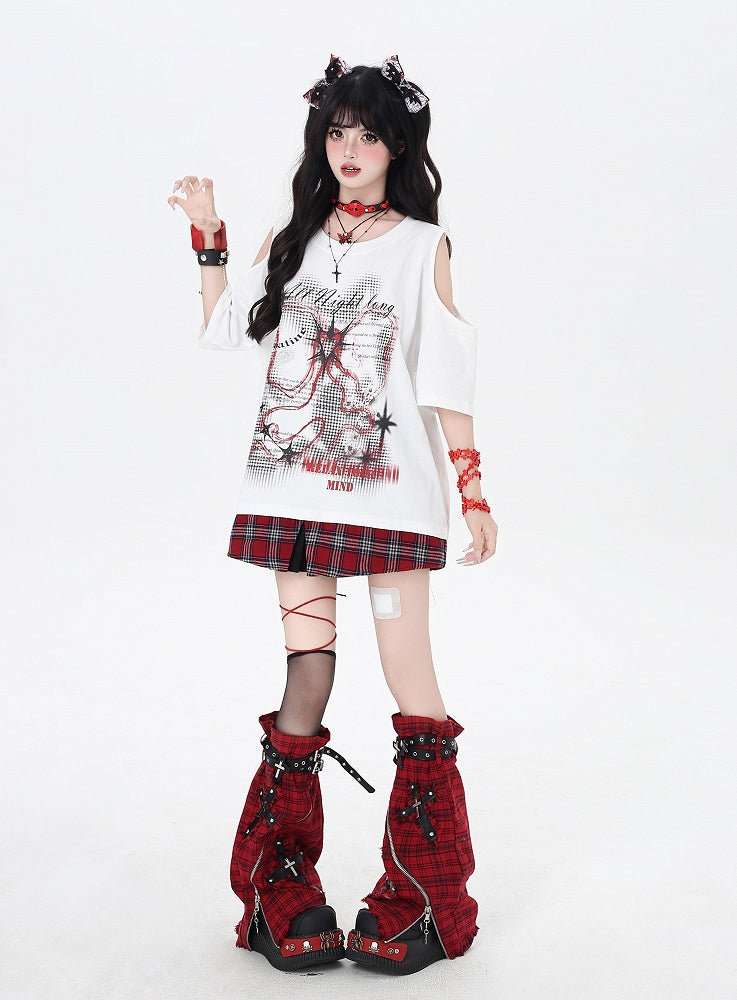 レッドネック、チェック柄ヘム、ホワイトカットアウトショルダー、グラフィックTシャツ、ラウンド