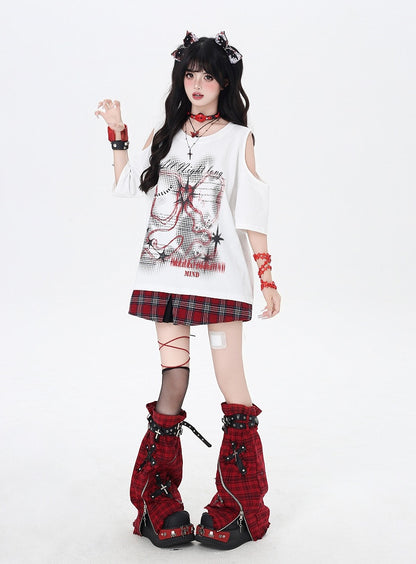 レッドネック、チェック柄ヘム、ホワイトカットアウトショルダー、グラフィックTシャツ、ラウンド