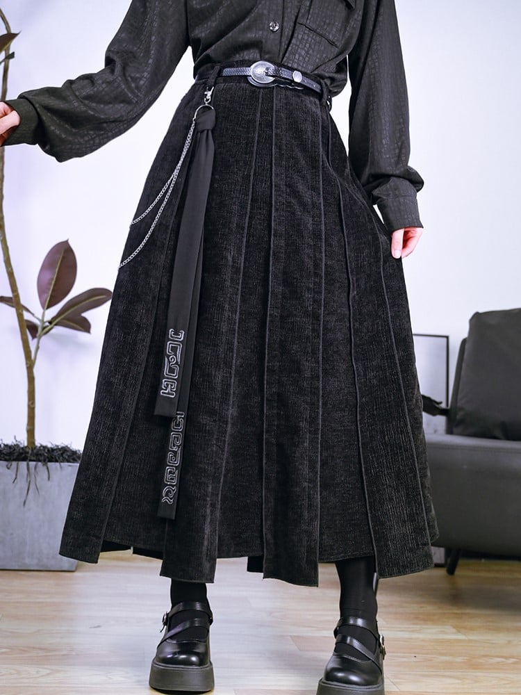 Bronze Skirt Maxi Ribbon + Patchwork Chain Detachable Iregular Hem Waist Black Cheongsam with Embroidered