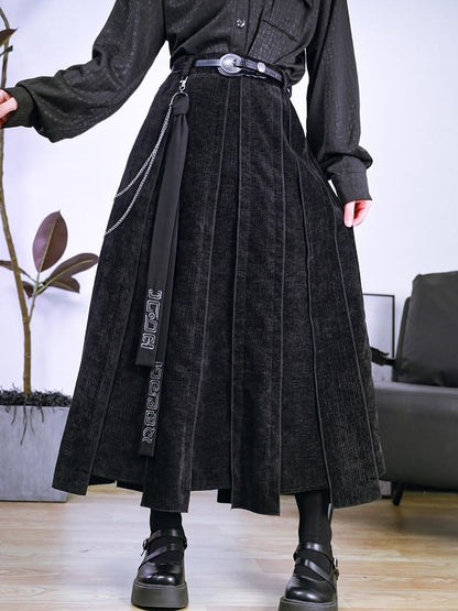 Bronze Skirt Maxi Ribbon + Patchwork Chain Detachable Iregular Hem Waist Black Cheongsam with Embroidered