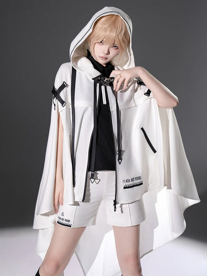 Cape Ouji and Cyberpunk High-low with White Lolita Hem Futuristic Buckle Straps Hooded