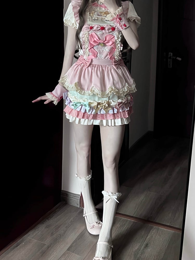 Kawaii Pink 3D Horse Embroidery Short Sleeve Blouse with Bow Layered Ruffle Skirt Set - Sweet Dream Box