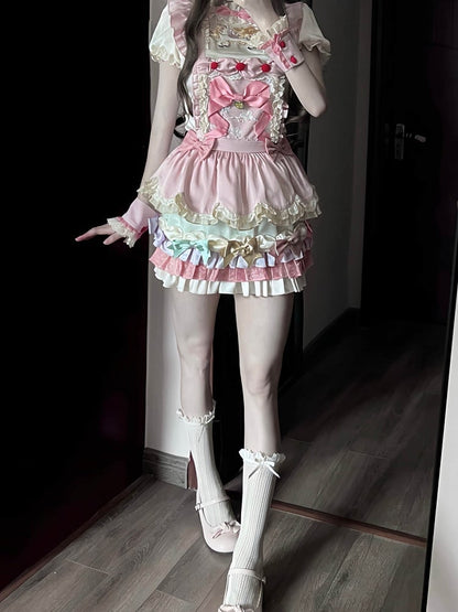Kawaii Pink 3D Horse Embroidery Short Sleeve Blouse with Bow Layered Ruffle Skirt Set - Sweet Dream Box