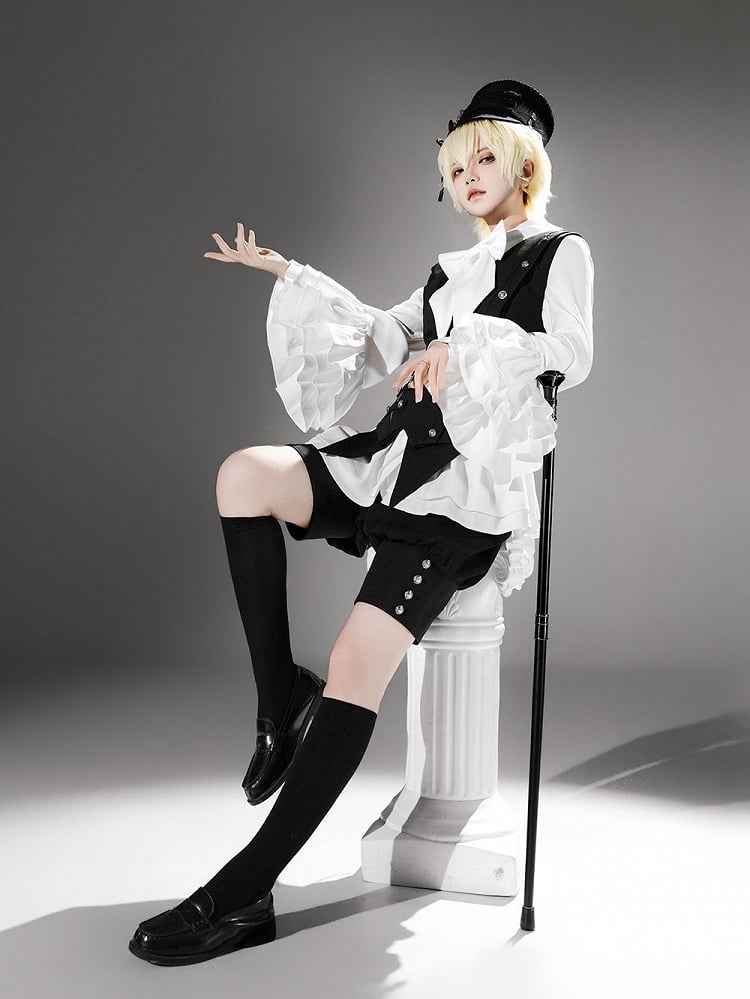 Black Ouji Lolita Deep V-Neck Waistcoat with Pointed Hem and Silver Buttons - Princess Chronicles