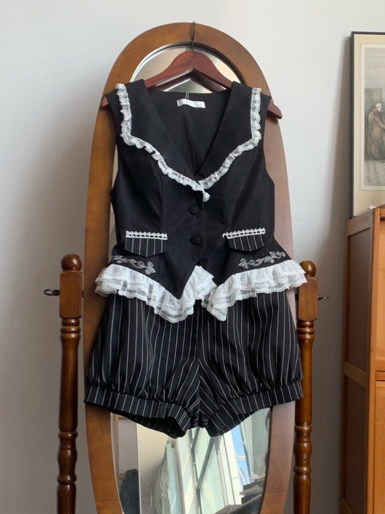 Schwarz-weißes Ouji Lolita-Komplettset: Hemd + Weste + Shorts + Jabot