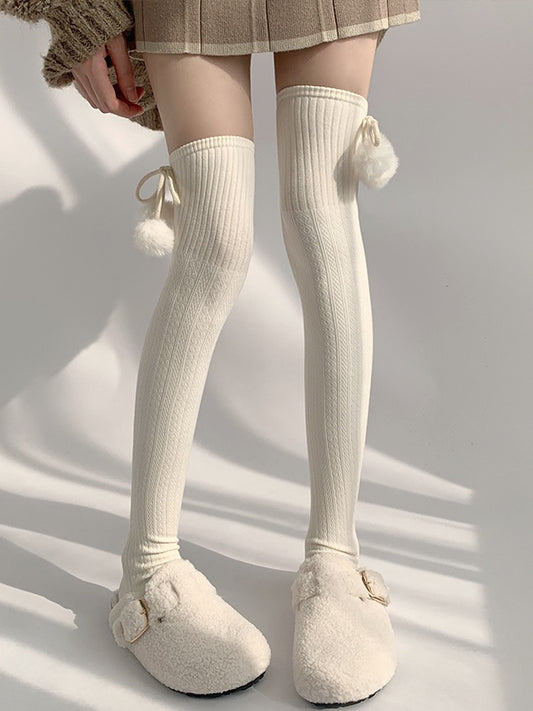 Vertical-Stripe Over Knee with Decorations Colors Pom-Pom 4 Stockings