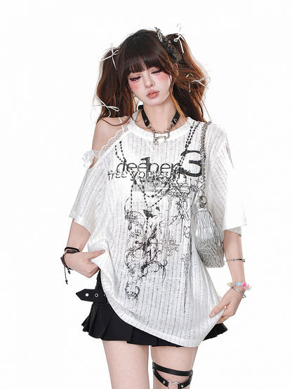 Black/White Cutout Shoulder Lace Trim Loose Graphic T-Shirt
