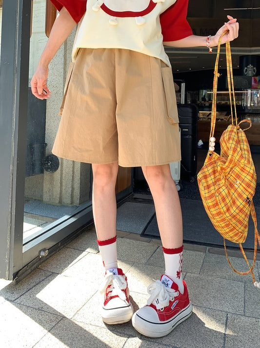 ショートパンツ カーキ 伸縮性ウエスト ストレートレッグ カーゴ