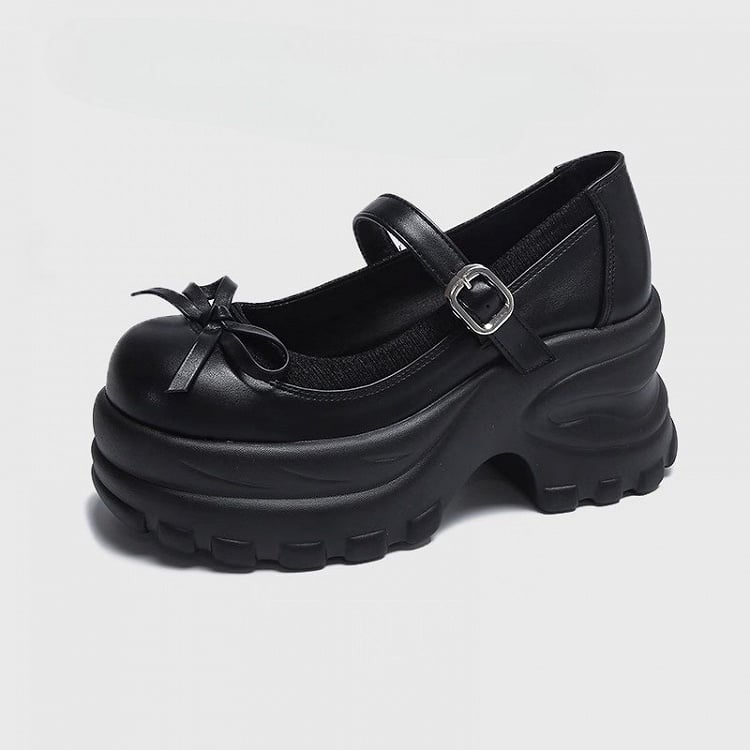 Style in Platform Chunky Janes Sole Preppy Mary - Knotted Bow Black