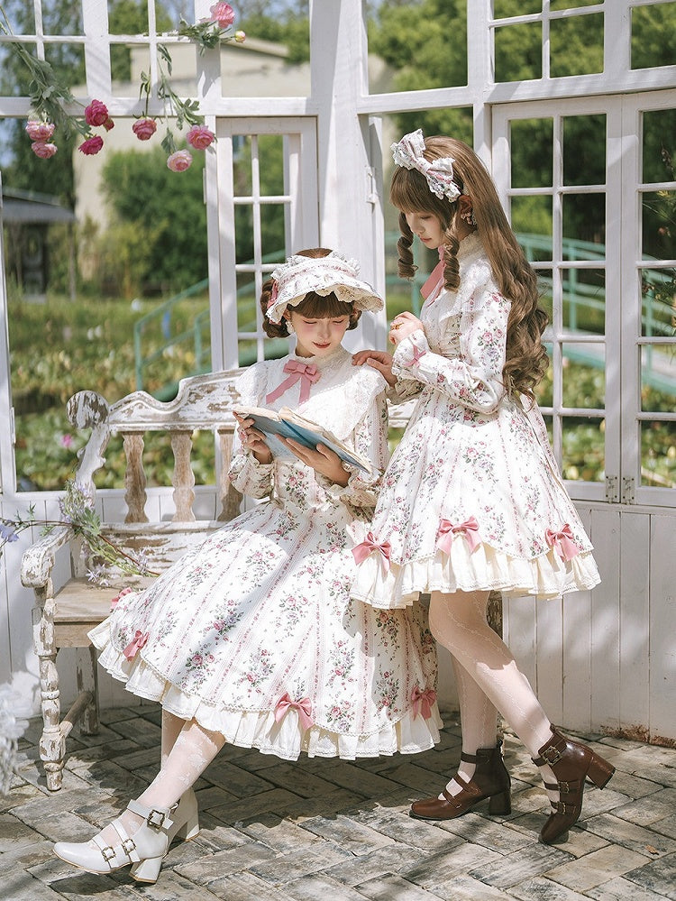 Beige Floral Print Refined Lolita OP Dress with Bow & Lace Accents - Miss Cube Dressworks