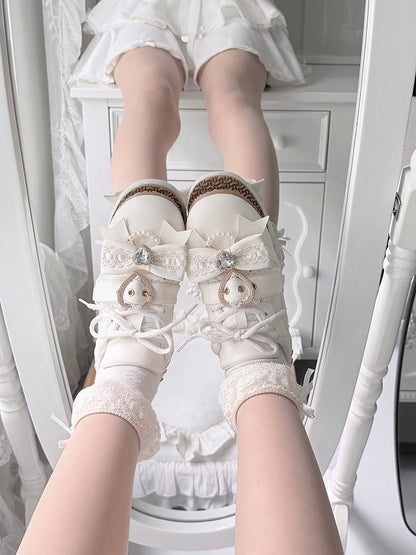 White Jirai Kei Style Shoes with Heart Buckle & Crystal Embellishments - Transfer Student