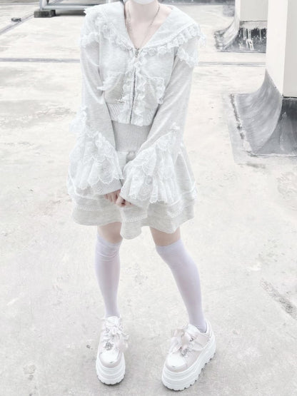 Collar Skirt Closure Sports Set- Sailor Trim Zip Hoodie+Lined Lace Ruffled Gray Jirai Kei