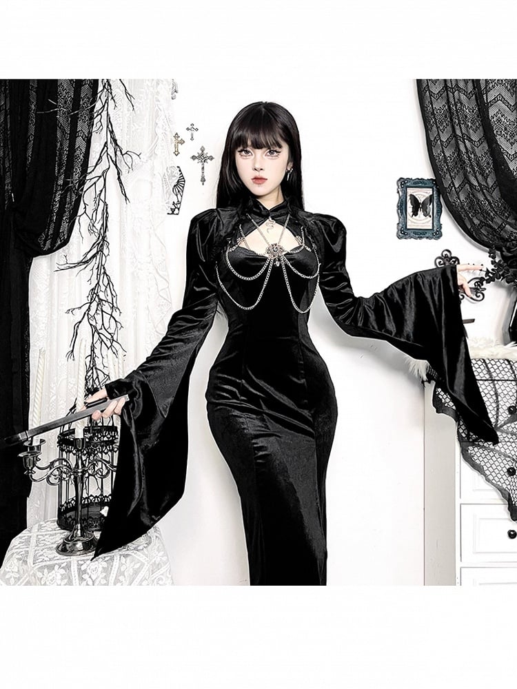 Gothic Trim Sleeve Detail Bell Black Shrug Chain Gem Halloween Lace with